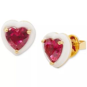 Kate Spade Gold-Tone White-Framed Red Crystal Heart Stud Earrings